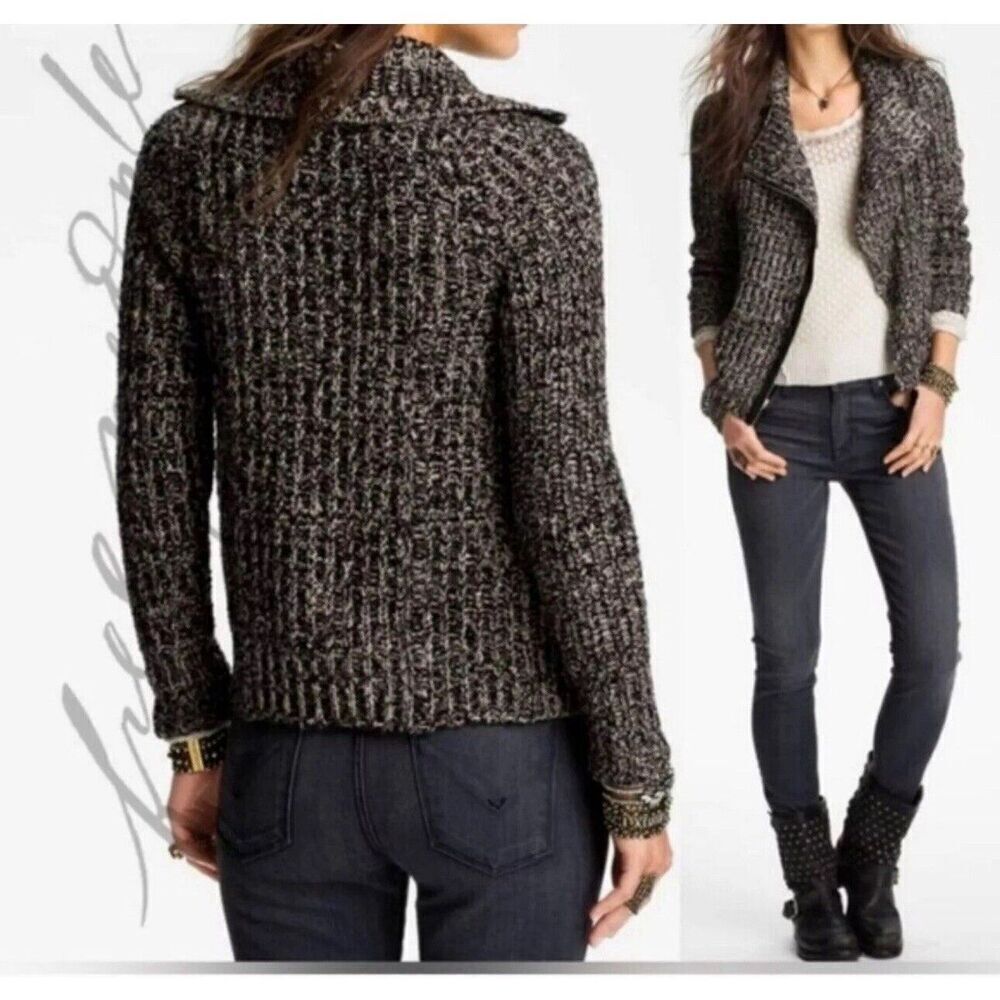Free People Asymmetrical Moto Zip Knit Sweater Jacket Sz Large Marled Grey Black